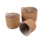 Dekoratif Yuvarlak Kulplu Sepet Saksılık 3lü Set