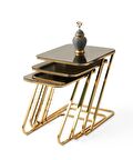 Dikdörtgen Cam Zigon Sehpa 3 lü Gold Kaplama Bronz Cam