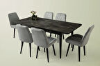 Ortadan Açılır Büyüyen 90x160cm Siyah Mermer Desen Ahşap Salon Yemek Masa Gri Fulya Sandalye Takımı 6 Sandalyeli
