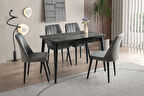 Ortadan Açılır Büyüyen 60x100cm Siyah Mermer Ahşap Salon Yemek Masa Gri Sude Sandalye Takımı 4 Sandalyeli