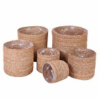 Dekoratif Natural Yuvarlak Düzenleyici Hasır Sepet Poşetli Saksılık 6lı Set