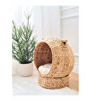 Dekoratif Kulaklı Minderli Hasır Kedi Köpek Yatağı Sepet