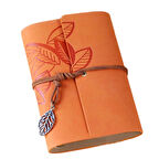 Yaprak Baskılı Deri Kapaklı Özel Tasarım Hediyelik Deri Kaplı Ajanda Anı Defteri Not Defteri Turuncu İthal Ürün