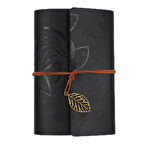 Yaprak Baskılı Deri Kapaklı Özel Tasarım Hediyelik Deri Kaplı Ajanda Anı Defteri Not Defteri Siyah 14x11cm