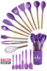 18Parça Silikon Kepçe Kevgir Kaşık Fırça Çırpıcı Spatula Maşa Servis Seti Bambu Saplı Mutfak Takımı