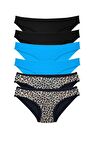 6 Adet Likralı Kadın Slip Külot Leopar Siyah Mavi