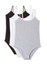 3 Adet İp Askılı Kadın Çıtçıtlı Body Siyah Beyaz Gri