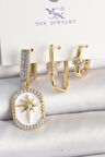 Pirinç Gold Renk Sallantı Zirkon Taş İşlmeli Yıldız Portre Model 3'Lü Kadın Kombin Küpe - TJ-BKP10452