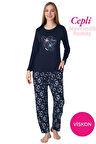 Kadın Bisiklet Yaka Düğmesiz Dökümlü Viskon Mevsimlik Uzun Kol Cepli Pijama Takımı