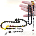 Tesbihane Kararmaz Metal Halat Püsküllü Arpa Kesim Süzme Bala-Siyah Ateş Kehribar Tesbih