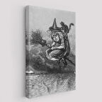 Süpürge ile Uçan Yaşlı Cadı ve Kedisi, Cadılar Bayramı Hediyesi, Hellowen Tablo -6304