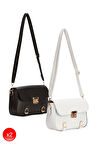 Kadın Kilit Detaylı Siyah ve Bej Omuz Çantası 2 Adet Çanta