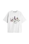 Kadın Çiçek  Özel Baskılı Renkli Oversize Penye Pamuklu Bisiklet Yaka T-Shirt