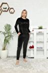 Pijamoni Kadın Siyah Fransız Kadife Pijama Takımı