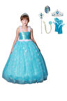 Kız Çocuk Frozen Elsa Askılı Tarlatanlı Kabarık Kostüm 6'lı Set Saç+Asa+Taç+Rozet Hediyeli 1-12 Yaş