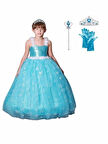 Prenses Elsa Askılı Kostüm  Taç Asa Eldiven Hediyeli 1-12 Yaş