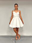 Kız Çocuk Abiye Kısa Krem Krep Kumaş  Askılı Asimetrik Yaka Şerit Taş Detaylı  Erkut  Abiye Elbise 10-15 Yaş