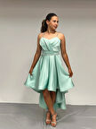 Kız Çocuk Abiye MintYeşili Taş Kordon Askılı Kalp Yaka  Mat Saten Kuyruklu Abiye Elbise 10-15 Yaş