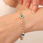 14 Ayar Altın Üç Gözlü Orta Kalın Mavi Doç Bileklik