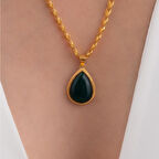 14 Ayar Altın Damla Yeşil Akik Halep Kolye