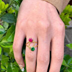 Kırmızı Yeşil Sarmaşık Telkari 14 Ayar Altın Yüzük