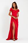 Kadın Kırmızı Kayık Yaka Kuyruklu Uzun Saten Abiye & Mezuniyet Elbisesi