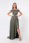 Kadın Haki Kayık Yaka Saten Abiye & Mezuniyet Elbisesi