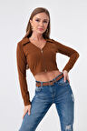 Kadın Kahverengi Fermuar Detaylı Örme Bluz