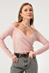 Kadın Pudra Bağlamalı Örme Bluz