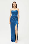 Kadın İndigo Kruvaze Astarlı Dokuma Korse Detaylı Saten Uzun Abiye Elbise