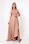 Kadın Pudra Kayık Yaka Saten Abiye & Mezuniyet Elbisesi