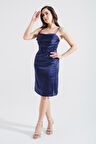 Kadın Lacivert Mini Saten Abiye Elbise