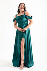 Kadın Zümrüt Yeşili Taş Askılı Drapeli Büyük Beden Uzun Abiye Elbise