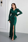 Kadın Zümrüt Yeşili Kruvaze Yaka Payetli Uzun Abiye Elbise