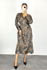 Kadın Yeşil Leopar Desenli Midi Elbise