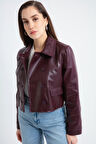 Kadın Bordo Düğmeli Kısa Suni Deri Ceket