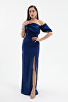 Kadın Lacivert Yaka Detaylı Yırtmaçlı Uzun Abiye Elbise