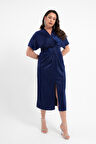 Kadın Lacivert Düğüm Detaylı Midi Büyük Beden Saten Elbise