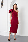 Kadın Bordo Tek Omuz Midi Elbise