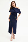 Kadın Lacivert Aksesuar Detay Midi Elbise