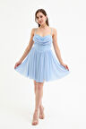 Kadın Bebe Mavi Askılı Mini Mezuniyet Abiye Elbise