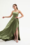 Kadın Haki Straplez Balen Korse Detay Uzun Abiye Elbise