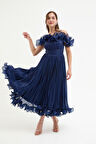 Kadın Lacivert Yaka Detay Midi Abiye Elbise