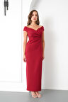 Kadın Bordo Kruvaze Yaka Midi Elbise