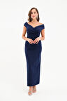 Kadın Lacivert Kruvaze Yaka Midi Elbise