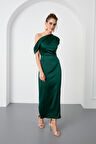Kadın Zümrüt Yeşili Degaje Yaka Yırtmaçlı Saten Midi Elbise