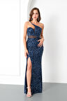 Kadın Lacivert Bel Transparan Yırtmaçlı Payetli Uzun Abiye Elbise
