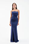 Kadın Lacivert Straplez Uzun Saten Söz Nişan Abiye Elbise