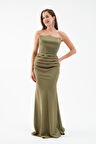 Kadın Haki Straplez Uzun Saten Söz Nişan Abiye Elbise