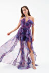 Kadın Mor Desenli Organze Uzun Abiye Elbise